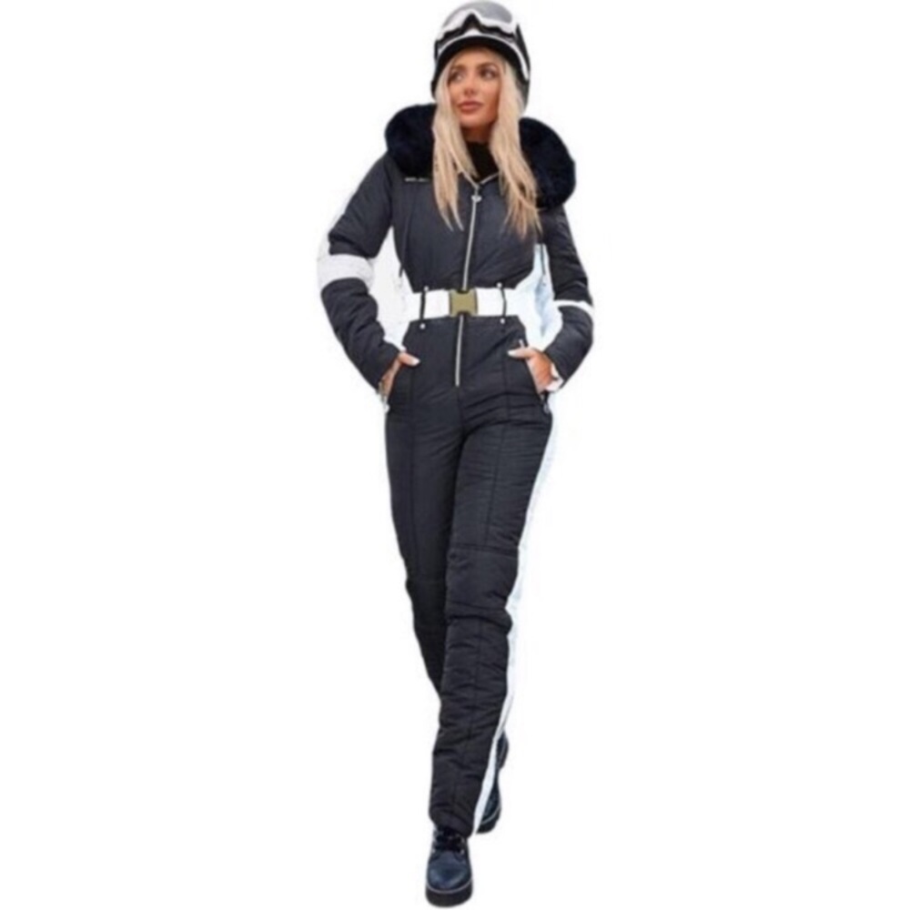 Women's Winter Ski Suit Waterproof Snowsuit Fur Collar Ski Jumpsuit Coat
